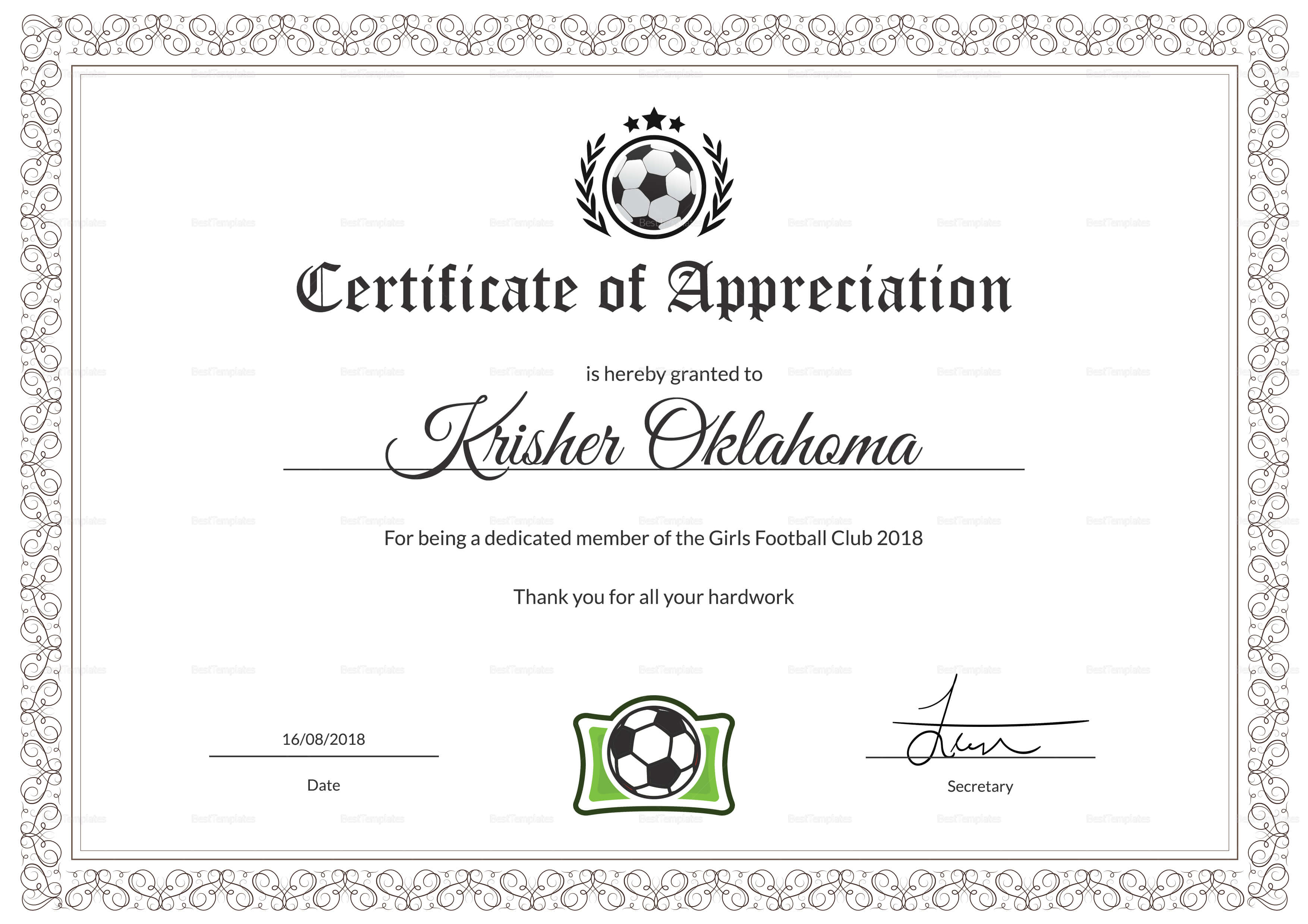 Women Football Appreciation Certificate Template With Regard To Football Certificate Template