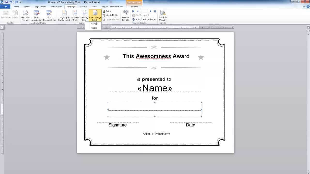 Word: Simple Mail Merge. Certificate Example For Free Certificate Templates For Word 2007