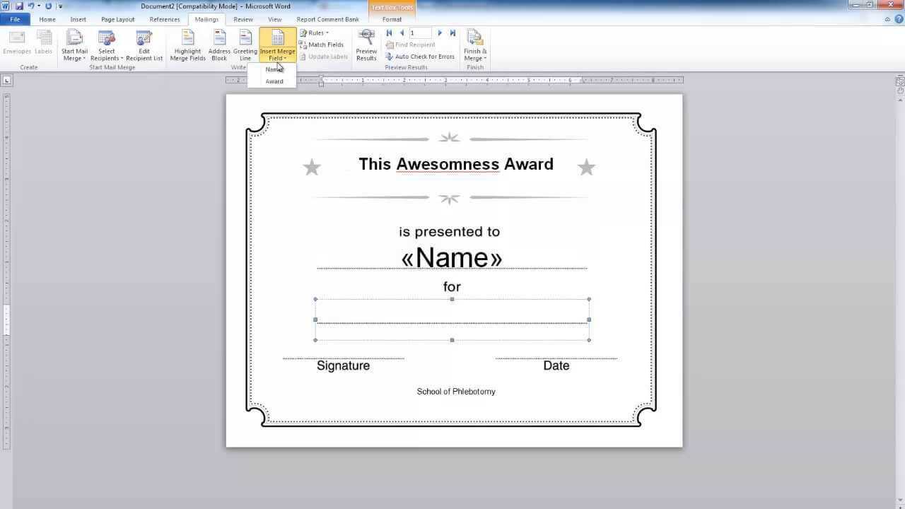 Word: Simple Mail Merge. Certificate Example Regarding Award Certificate Templates Word 2007