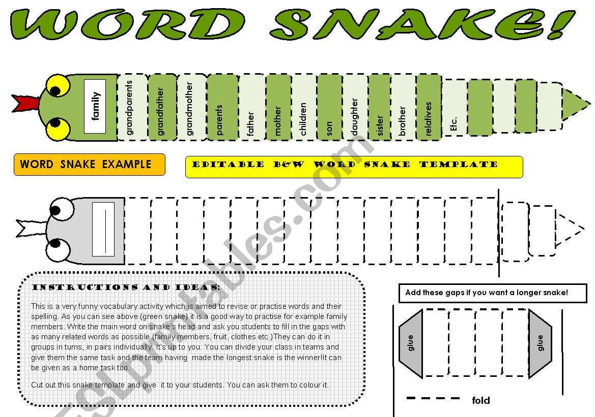 Word Snake – Fun Vocabulary Activity With Editable B&w Regarding Vocabulary Words Worksheet Template