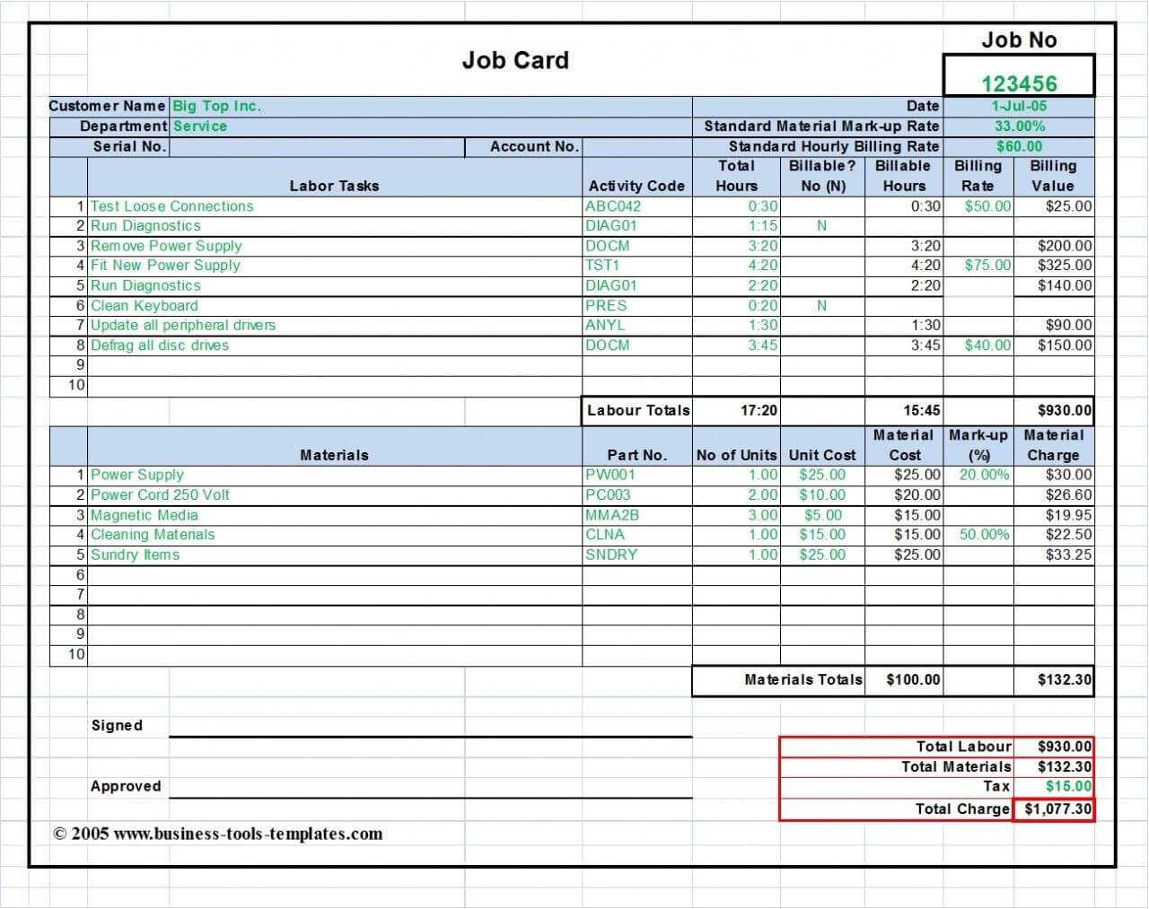 Workshop Job Card Template Excel, Labor & Material Cost For Job Card Template Mechanic