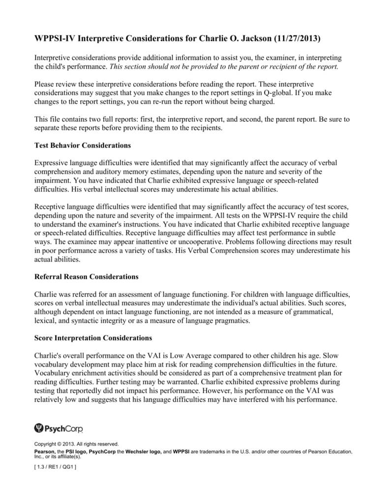 Wppsi Iv Interpretive Report Sample For Wppsi Iv Report Template