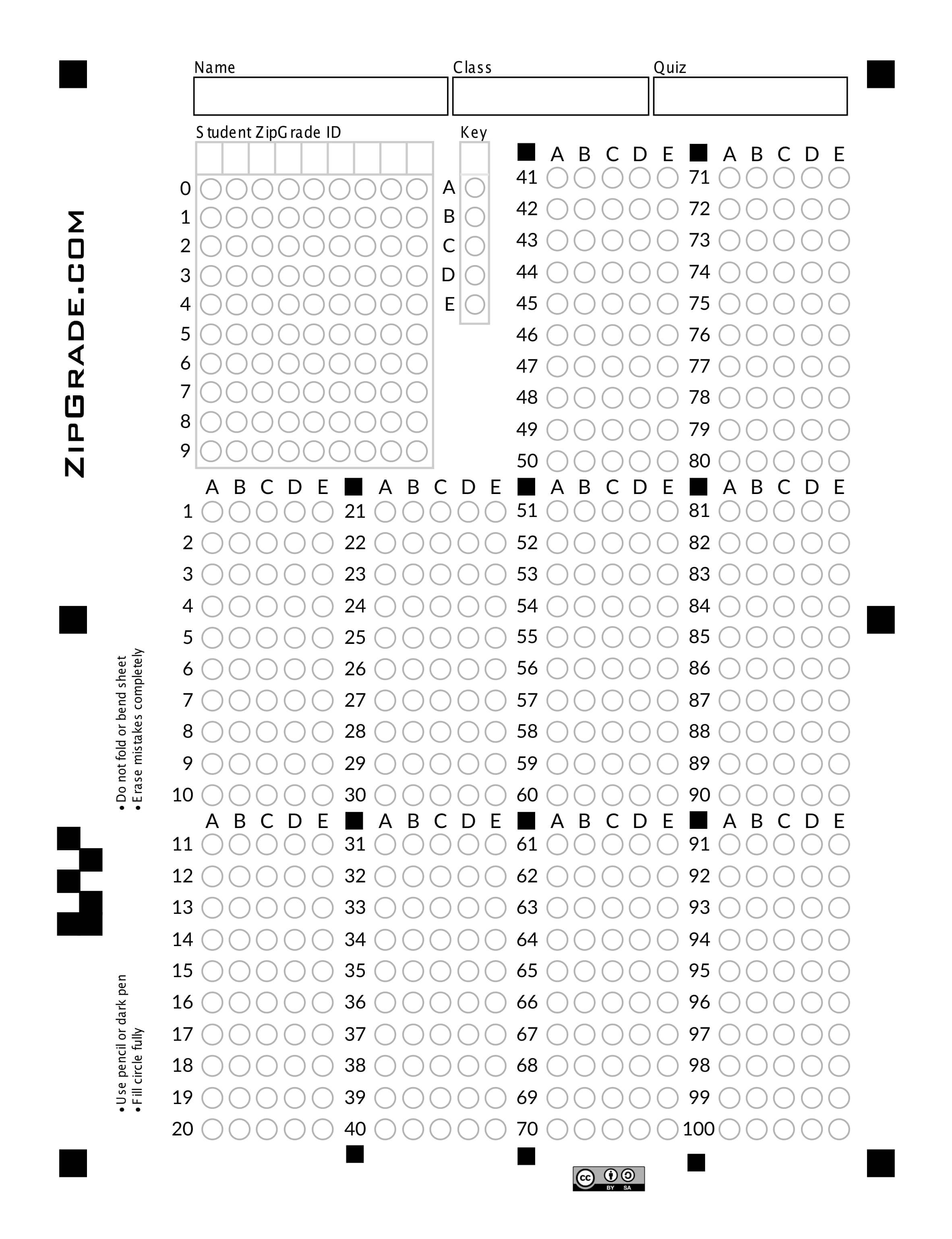 Zipgrade: Answer Sheet Forms Within Blank Answer Sheet Template 1 100